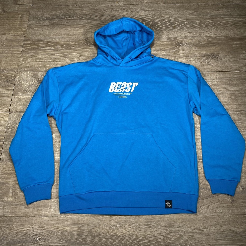 MrBeast Hoodie Mens Extra Large Blue Beast Logo Pullover Kangaroo Pocket Cotton